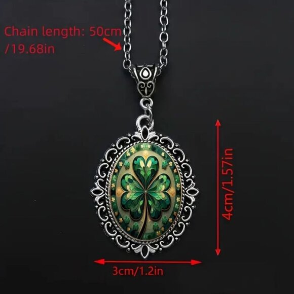 Celtic Four Leaf Clover Pendant Necklace Vintage Silver Oval Charm - Picture 2 of 2